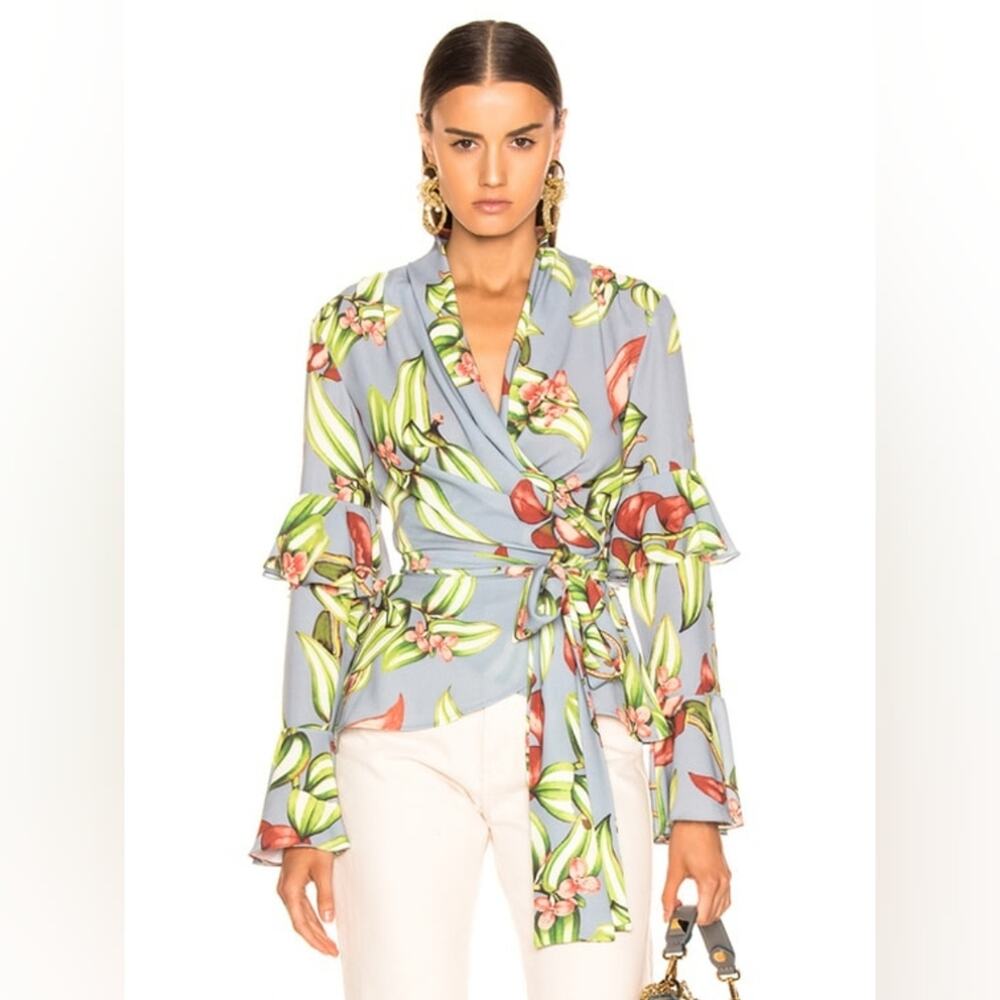 PatBO Zebrina blue long sleeve floral wrap blouse size XS